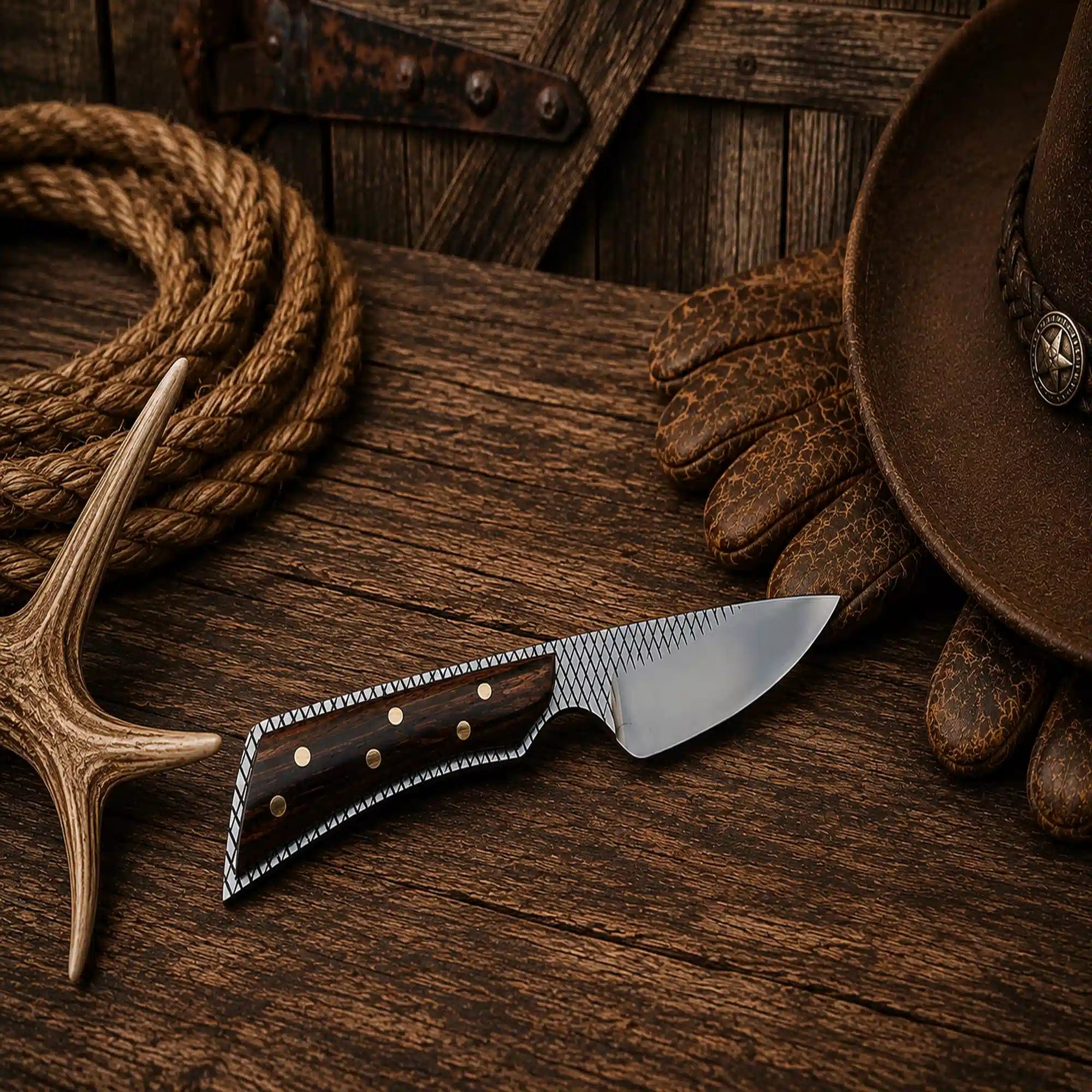 Compact handmade outdoor knife with a razor-sharp rasp tool steel blade and rosewood handle.