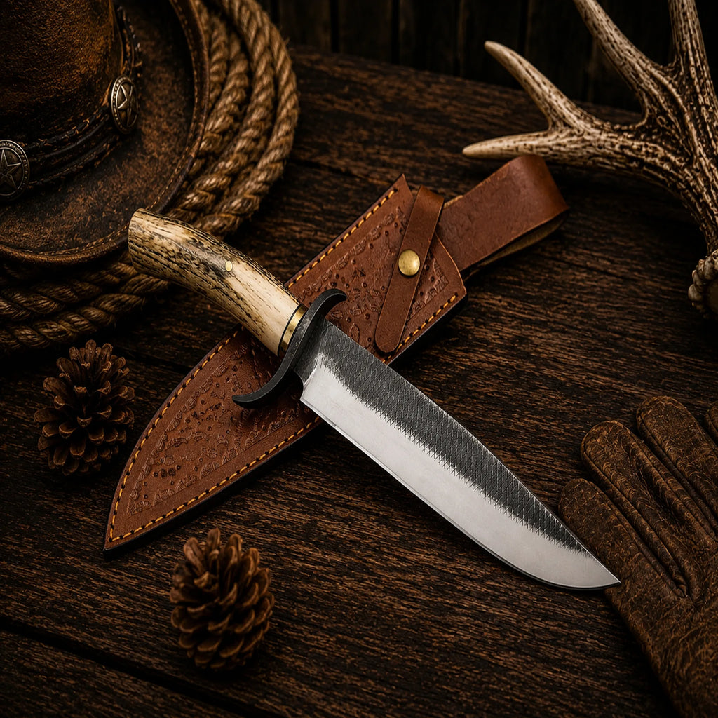 D2 Farrier Rasp hunting Bowie knife with leather sheath.