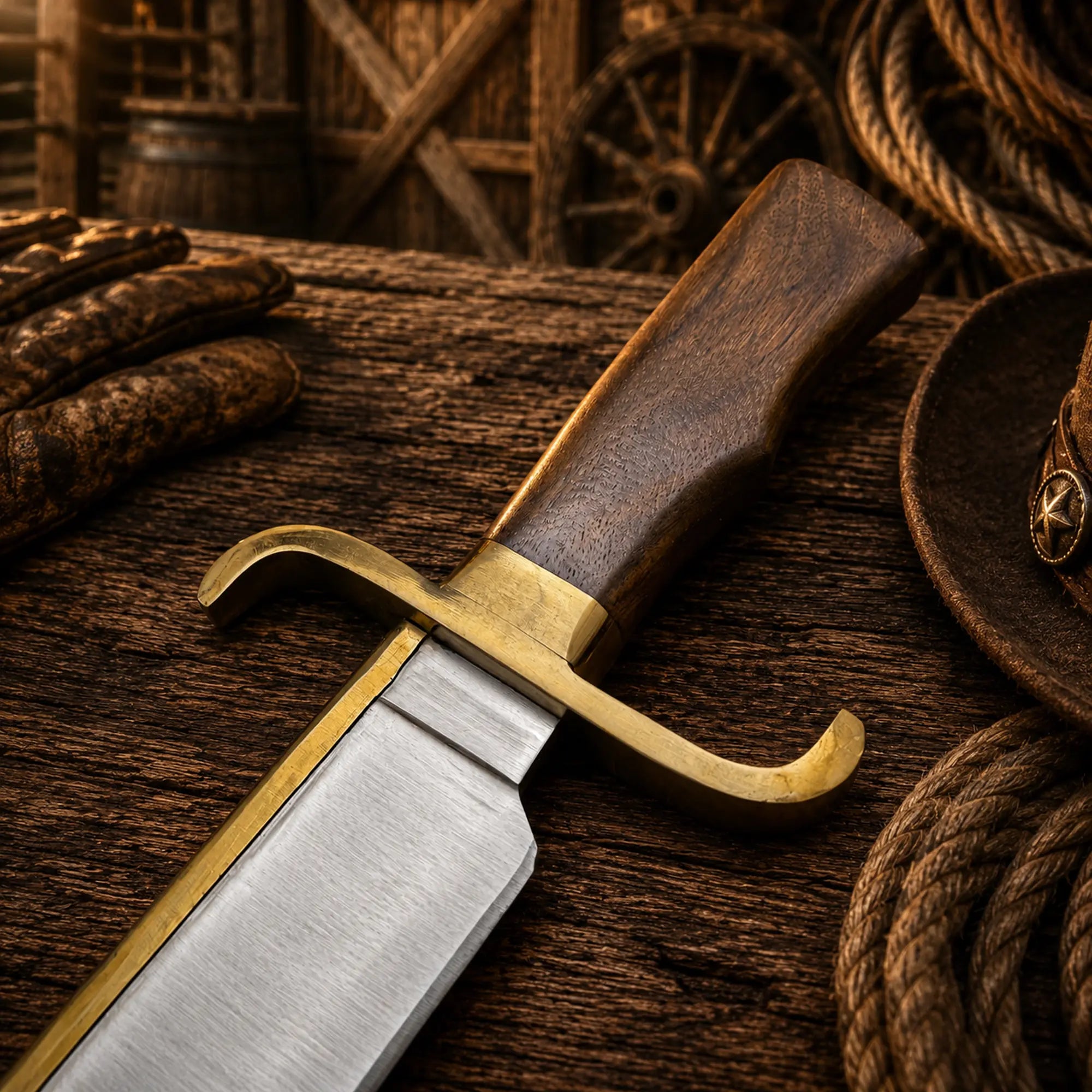 Handmade Bowie knife with polished rose wood handle close-up
