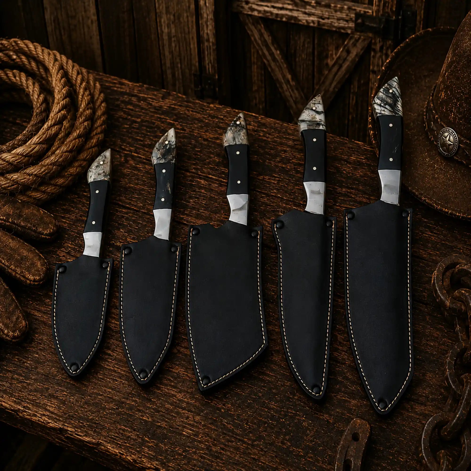 Handmade 5-piece kitchen knife collection with premium leather storage pouch.