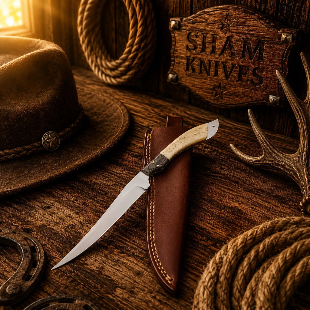 Handmade fishing fillet knife with long D2 steel blade and leather sheath