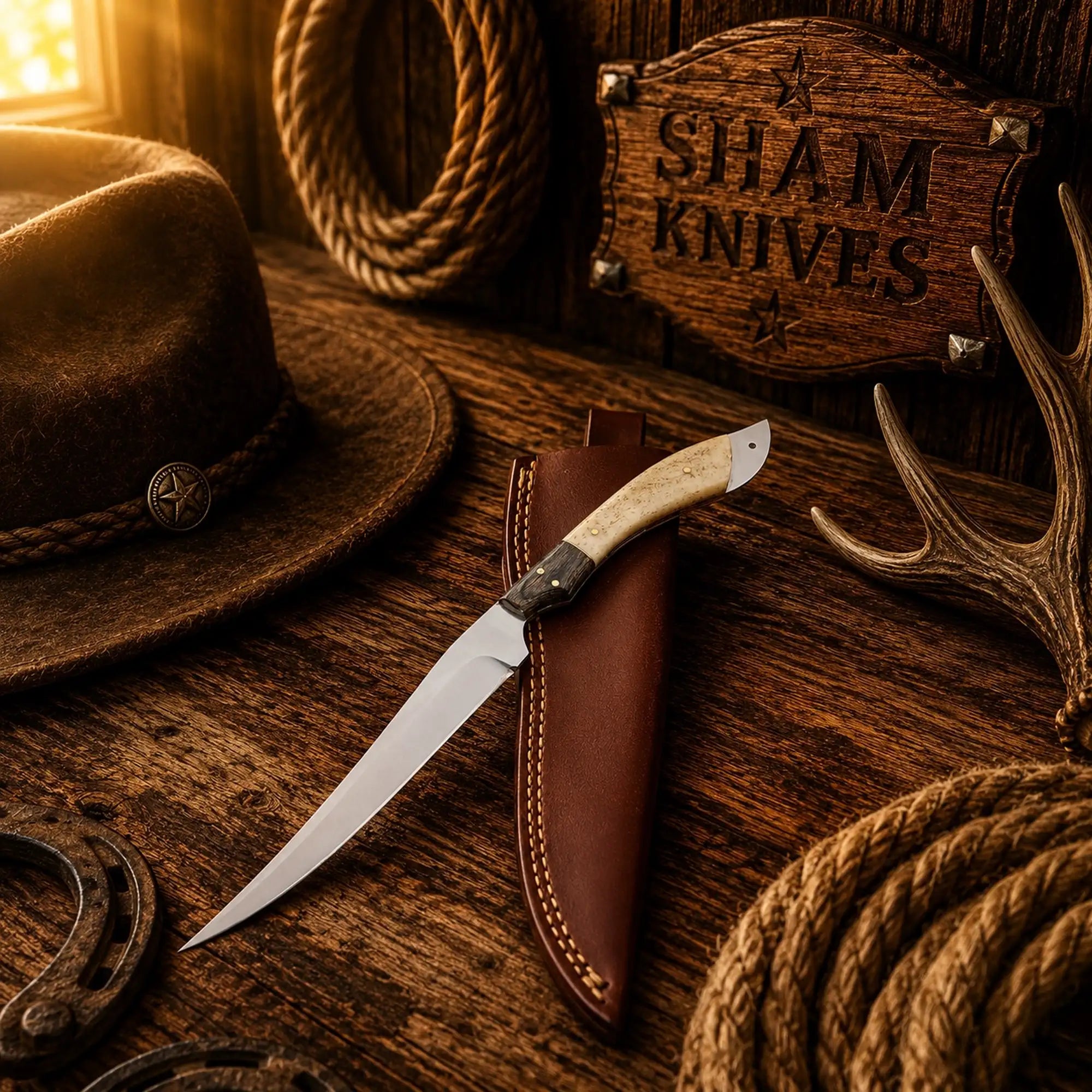 Handmade fishing fillet knife with long D2 steel blade and leather sheath