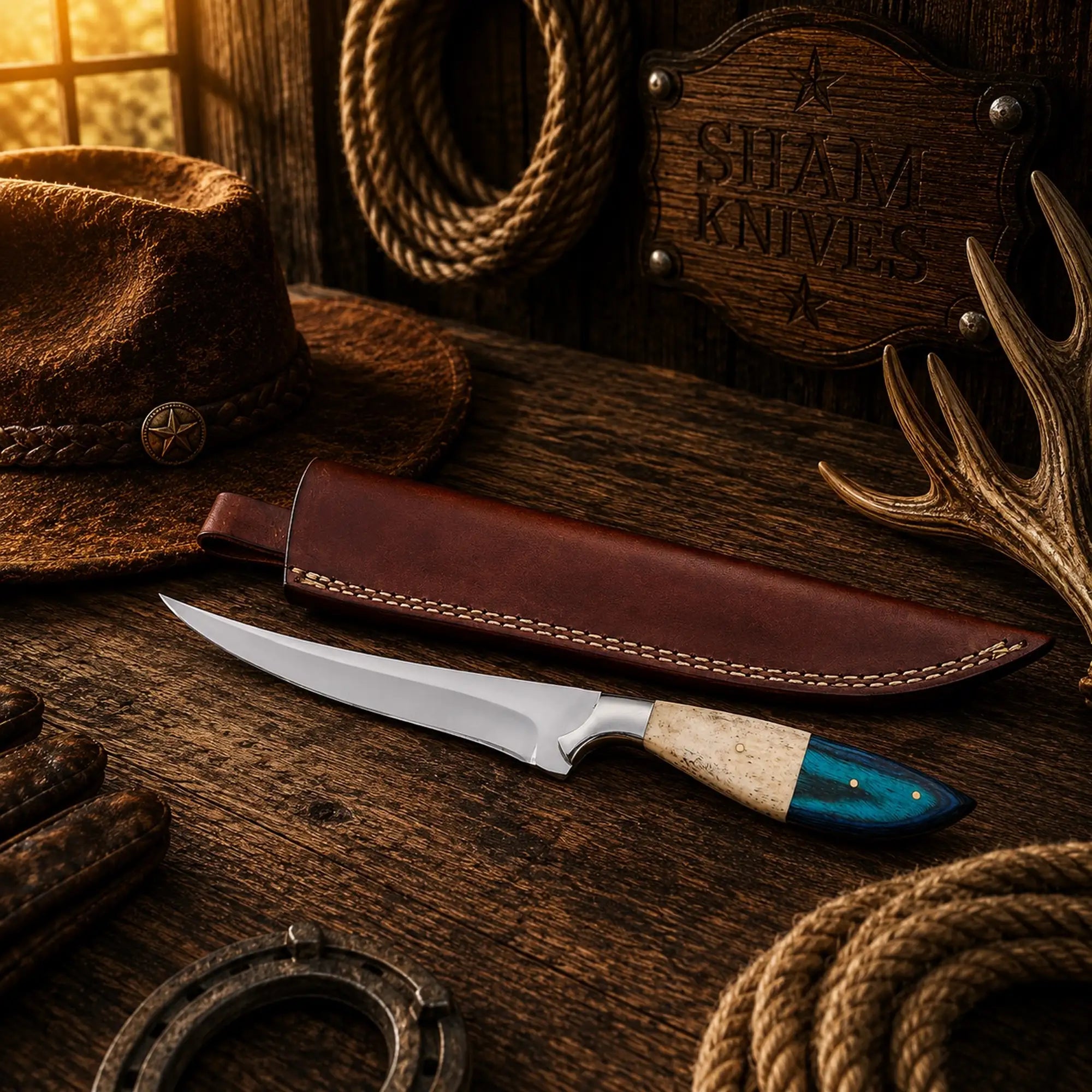 Handmade D2 fishing knife with natural bone and blue exotic wood handle