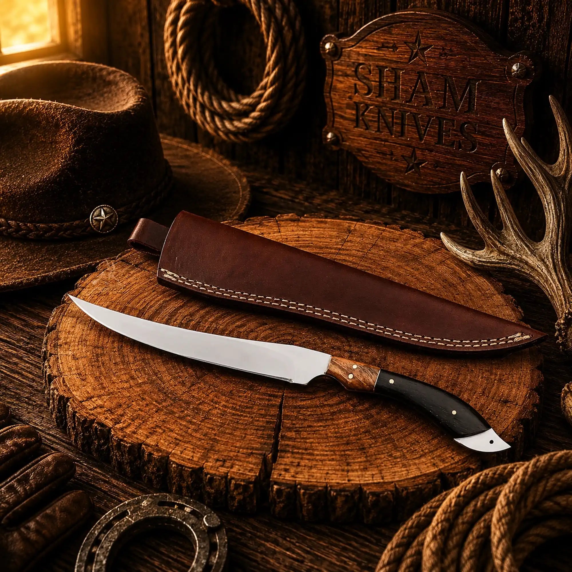 Handmade D2 fishing knife with long polished blade and leather sheath