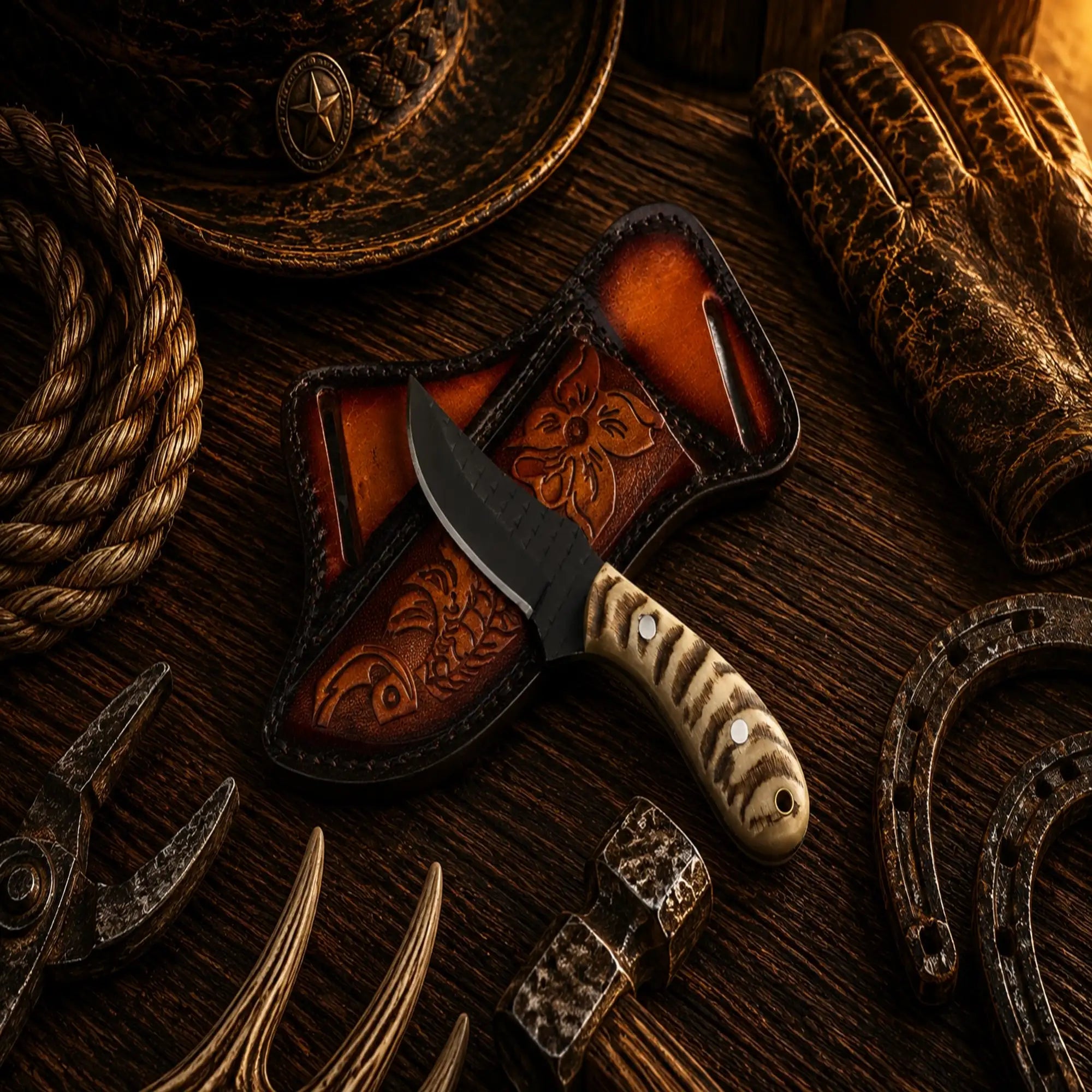Western ranch knife featuring genuine ram horn handle and pancake leather sheath