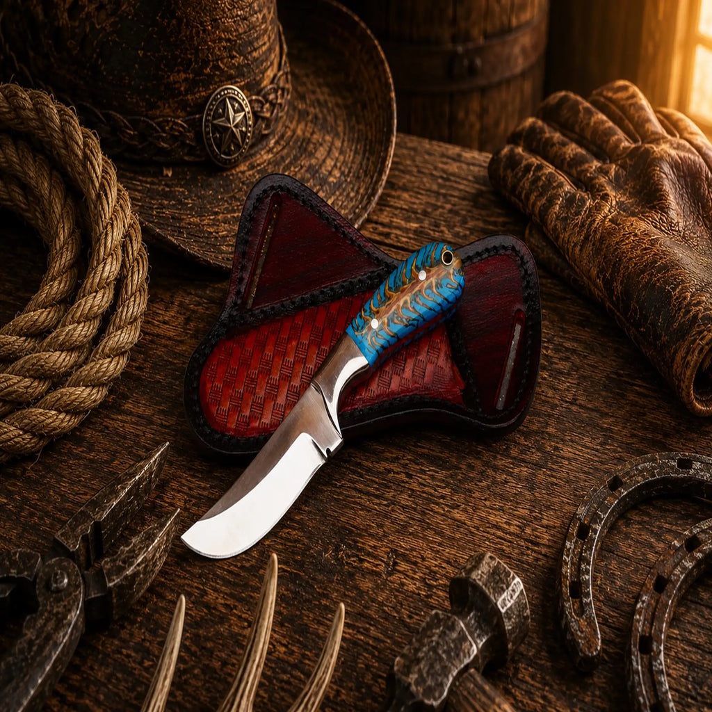 Cowboy fixed blade knife with turquoise pine cone handle and leather sheath.