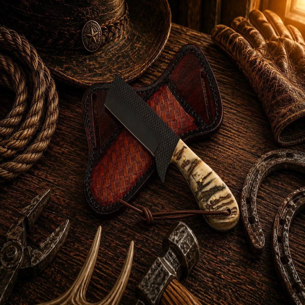 Western cowboy fixed blade knife featuring a ram horn handle and leather sheath.