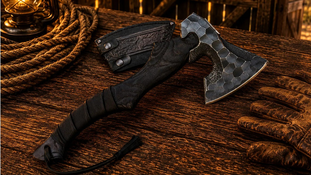 Bushcraft Hatchet D2 Steel Axe with Ash Wood Handle & Sheath
