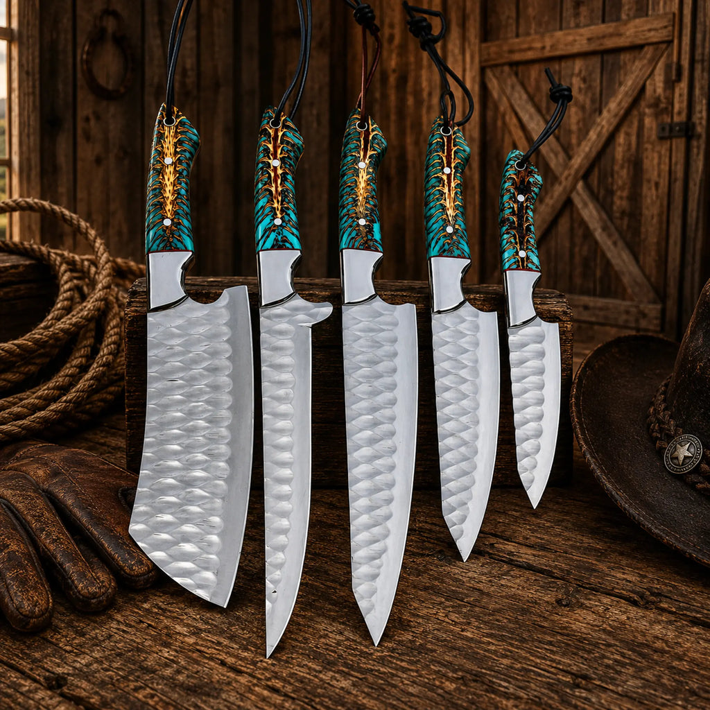 Professional 5-piece kitchen knife set featuring turquoise pine cone resin handles.