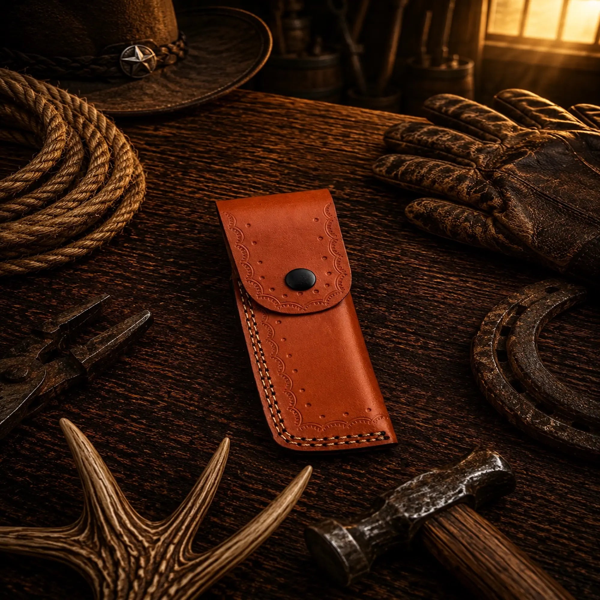 Handmade folding barber razor with 4.5-inch D2 steel blade and leather sheath