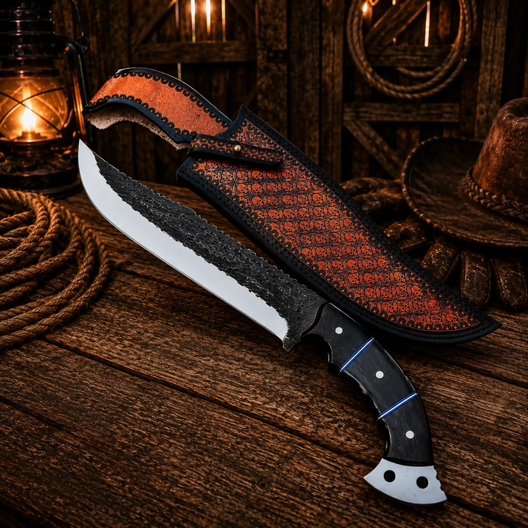 Handmade cowboy hunting knife with fixed D2 steel blade and western leather sheath