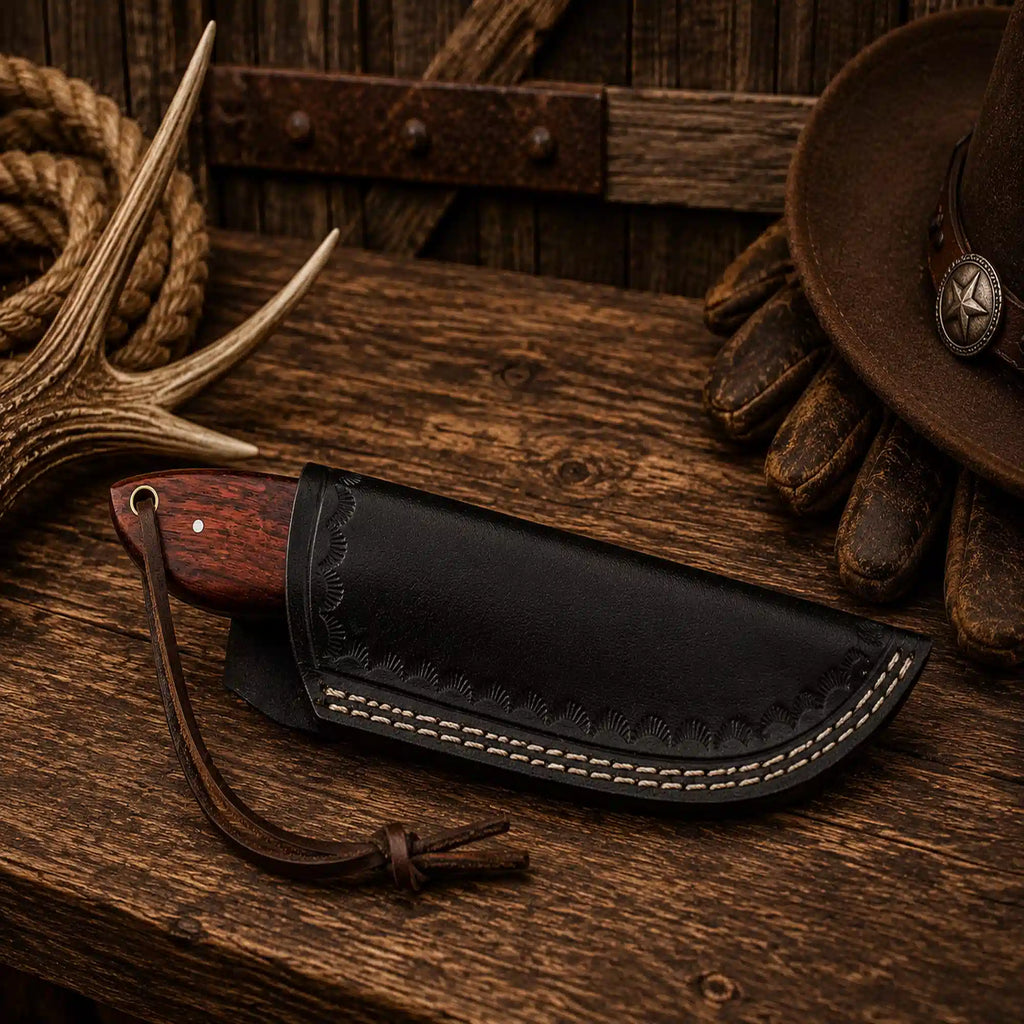 Top rated D2 steel skinning knife featuring a razor-sharp fixed blade, ergonomic rosewood handle, and handcrafted leather sheath.