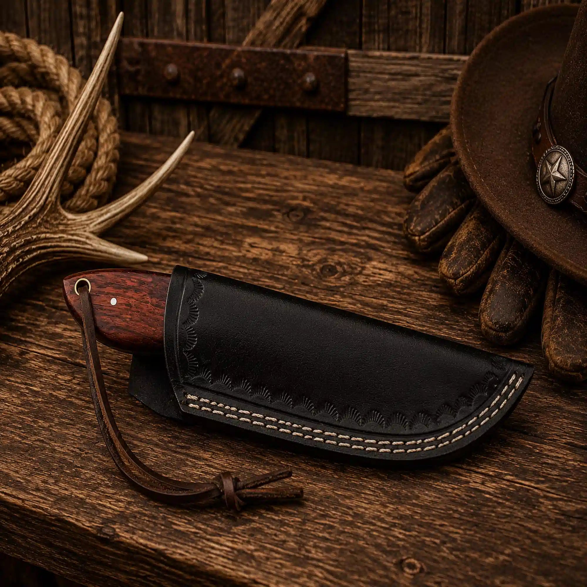 Top rated D2 steel skinning knife featuring a razor-sharp fixed blade, ergonomic rosewood handle, and handcrafted leather sheath.