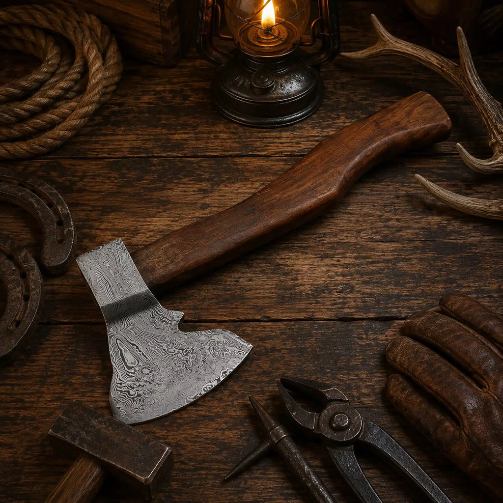 Handmade Damascus axe with brown leather belt sheath