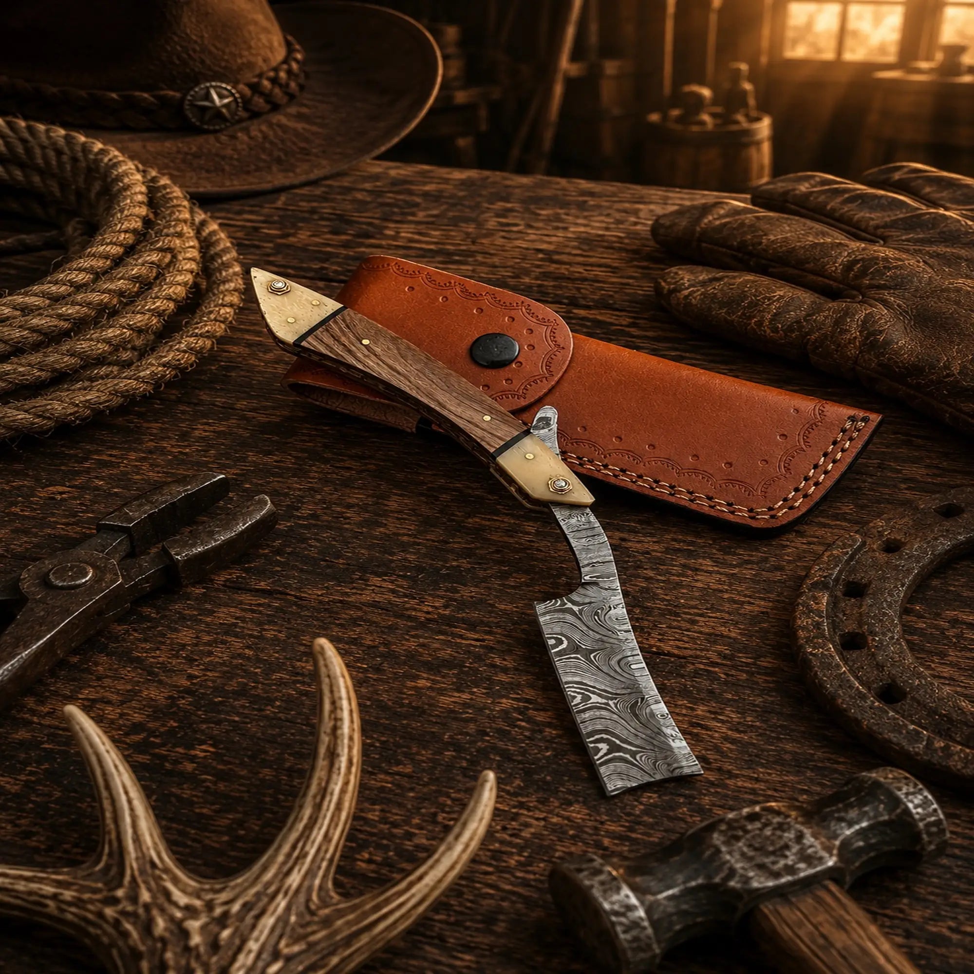Folding barber razor with patterned Damascus blade and bone bolsters