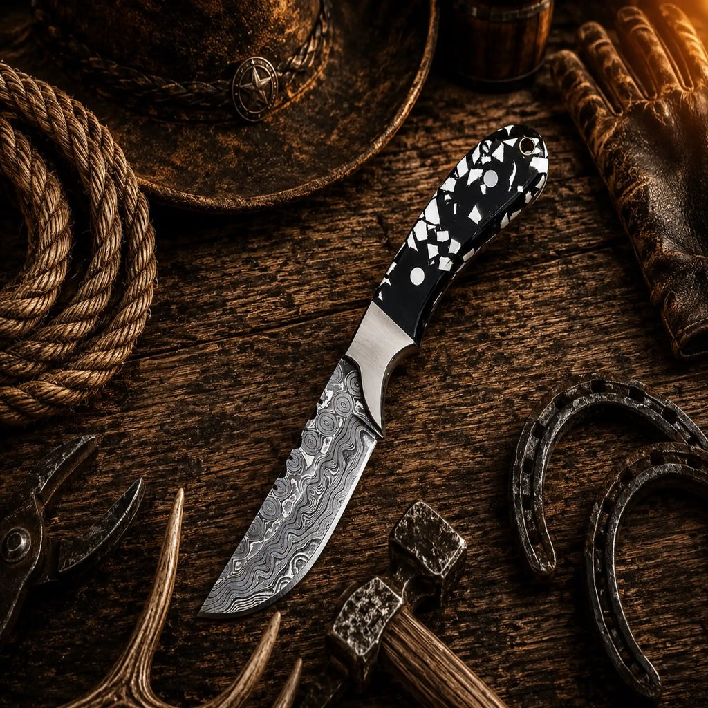 Handmade Western belt knife with black and white resin handle