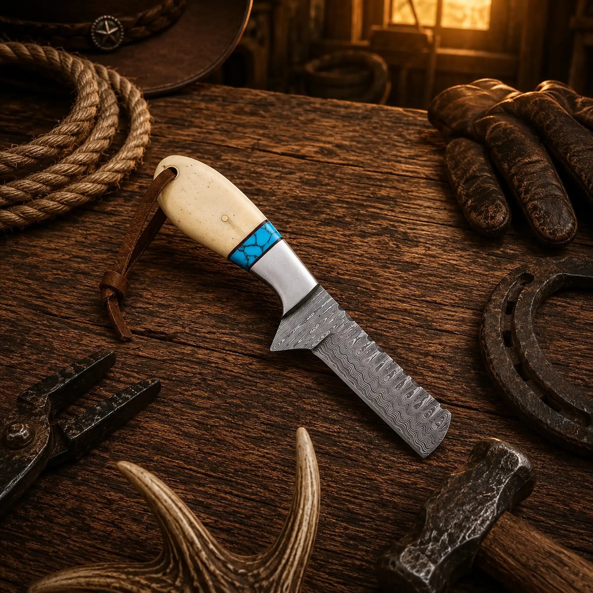 Western Bull Cutter Knife with Damascus Steel Blade and Leather Sheath