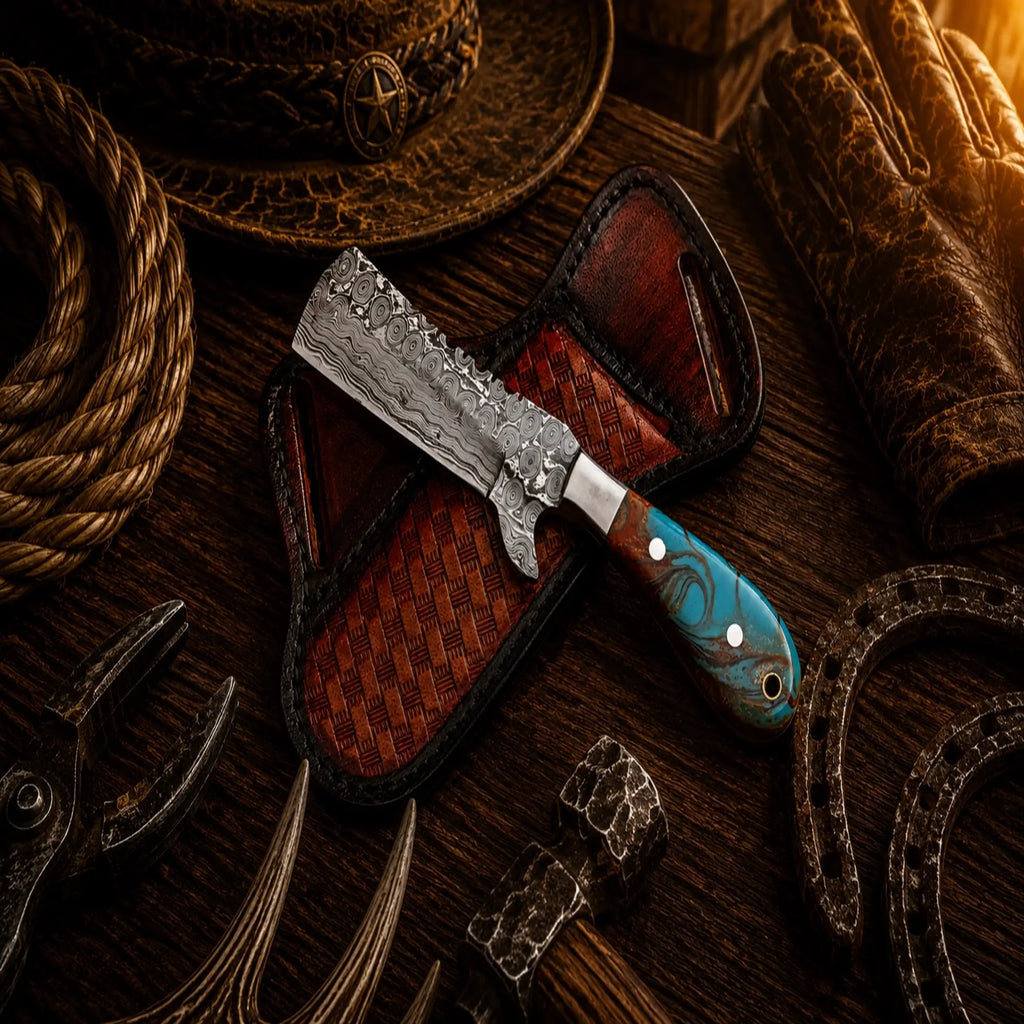 Handmade Damascus cowboy knife with colorful epoxy resin handle