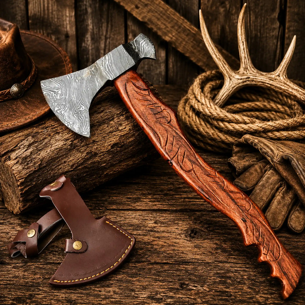 Rosewood Valor Damascus steel camp axe featuring a hand-forged bearded blade.