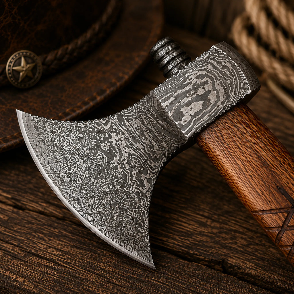 Custom Damascus camping axe featuring a razor sharp forged blade and rosewood handle.