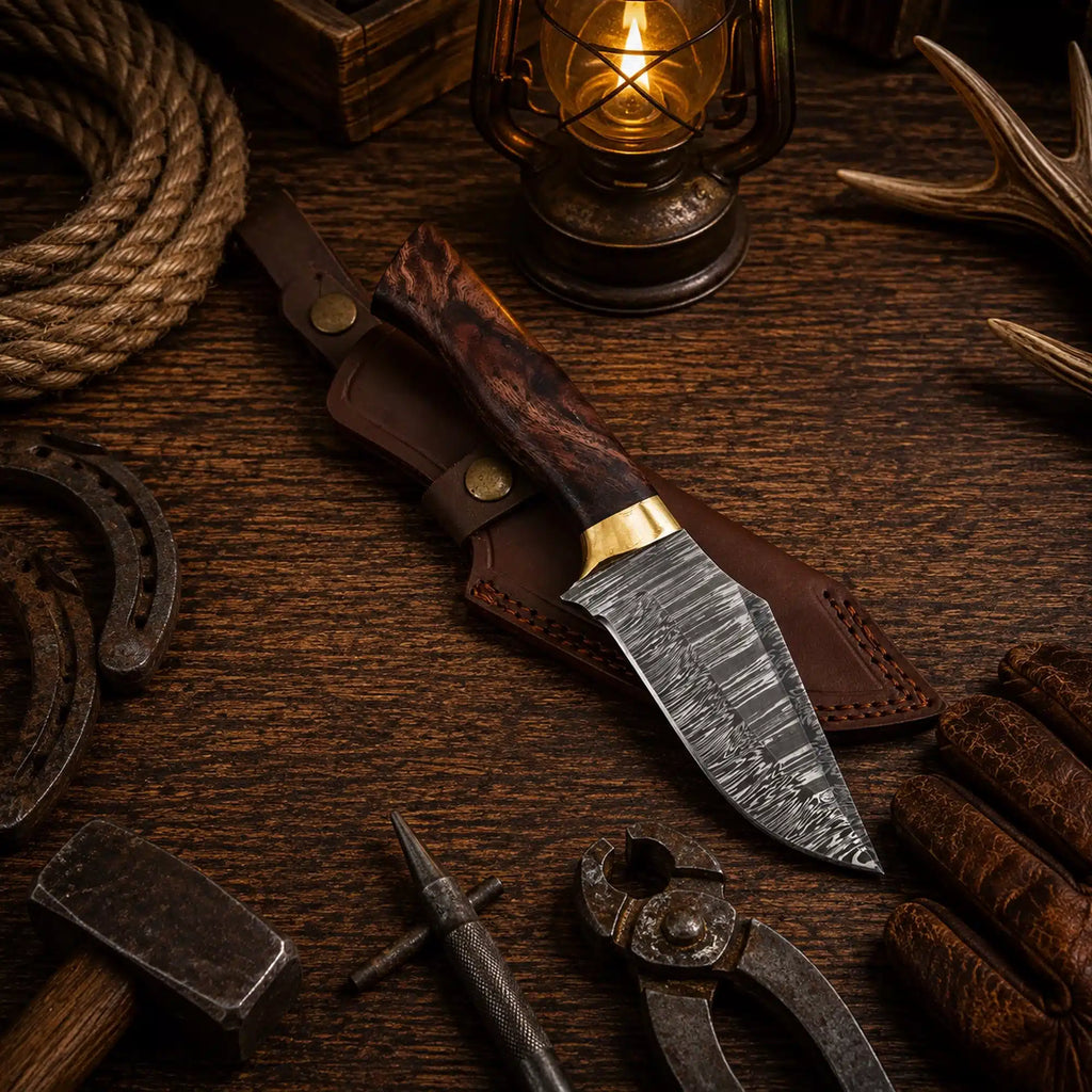 Handmade Damascus camping knife with 4.5 inch fixed blade