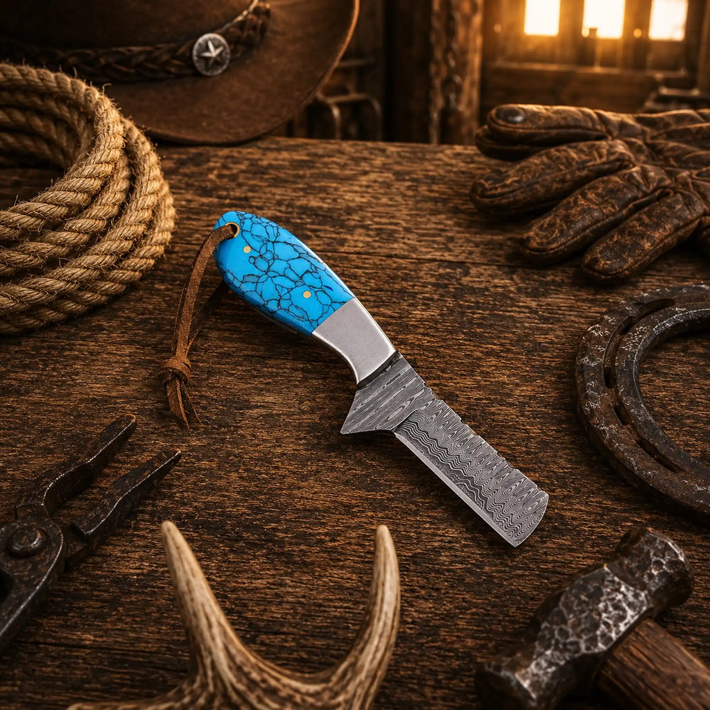 Western fixed blade Damascus hunting knife featuring a turquoise stone handle and leather belt sheath.