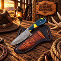 Handmade Damascus cowboy skinner knife with colorful resin handle