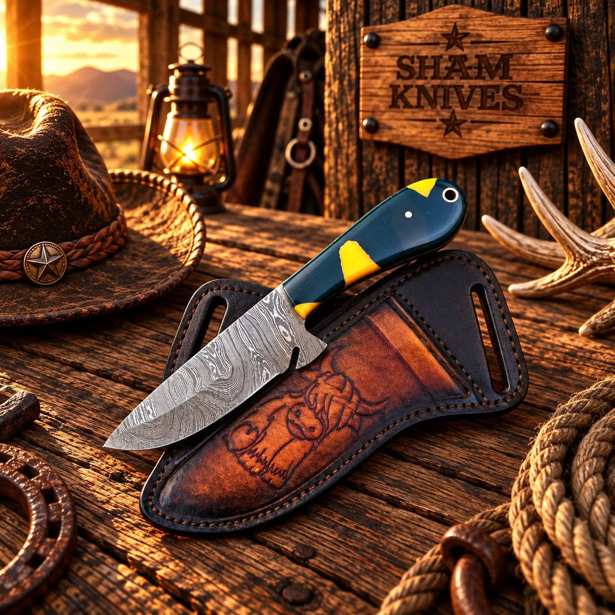 Handmade Damascus cowboy skinner knife with colorful resin handle