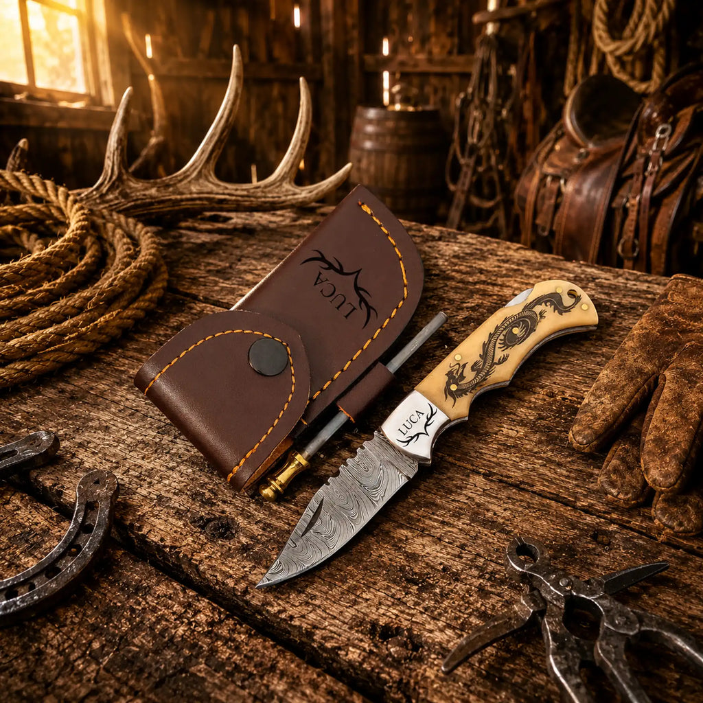 Handmade Damascus pocket knife with dragon engraved camel bone handle with leather sheath
