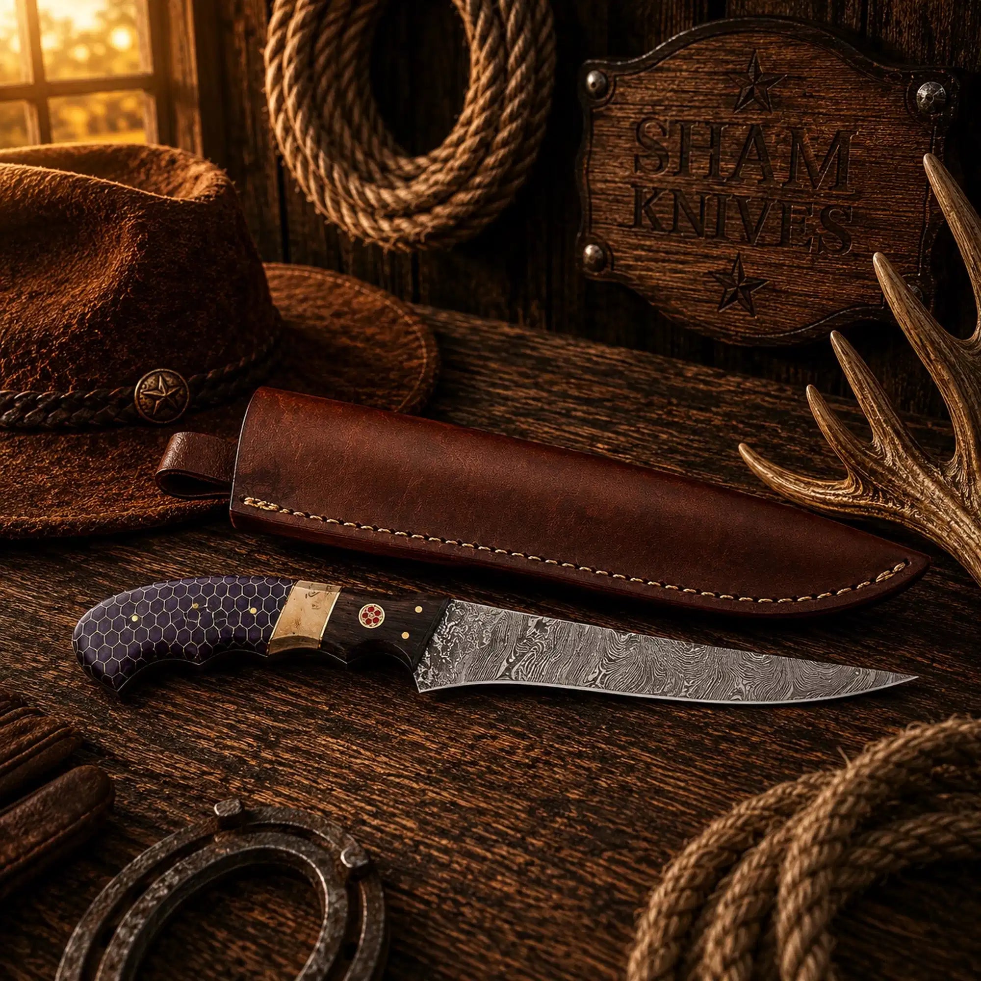 13 inch Damascus steel fillet knife with purple handle