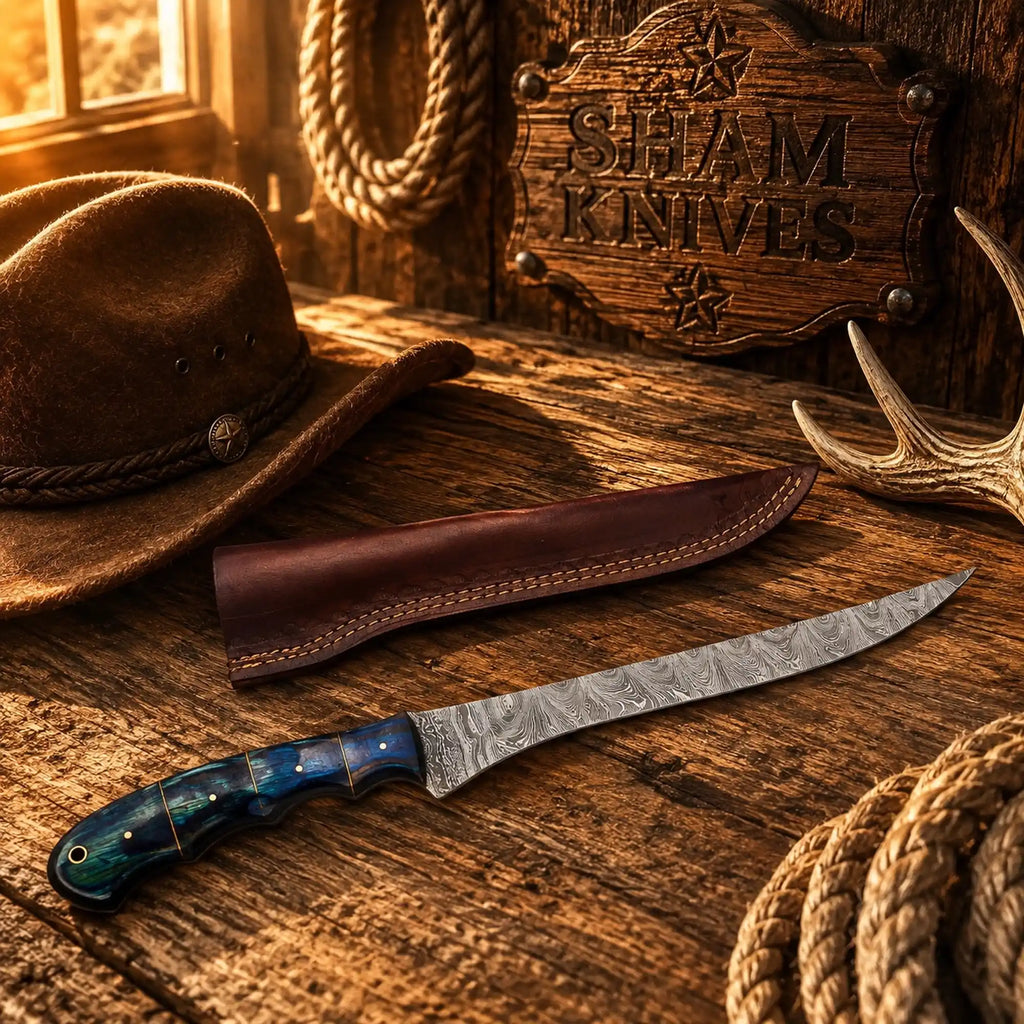 Handmade Damascus fishing knife with long fillet blade and leather sheath