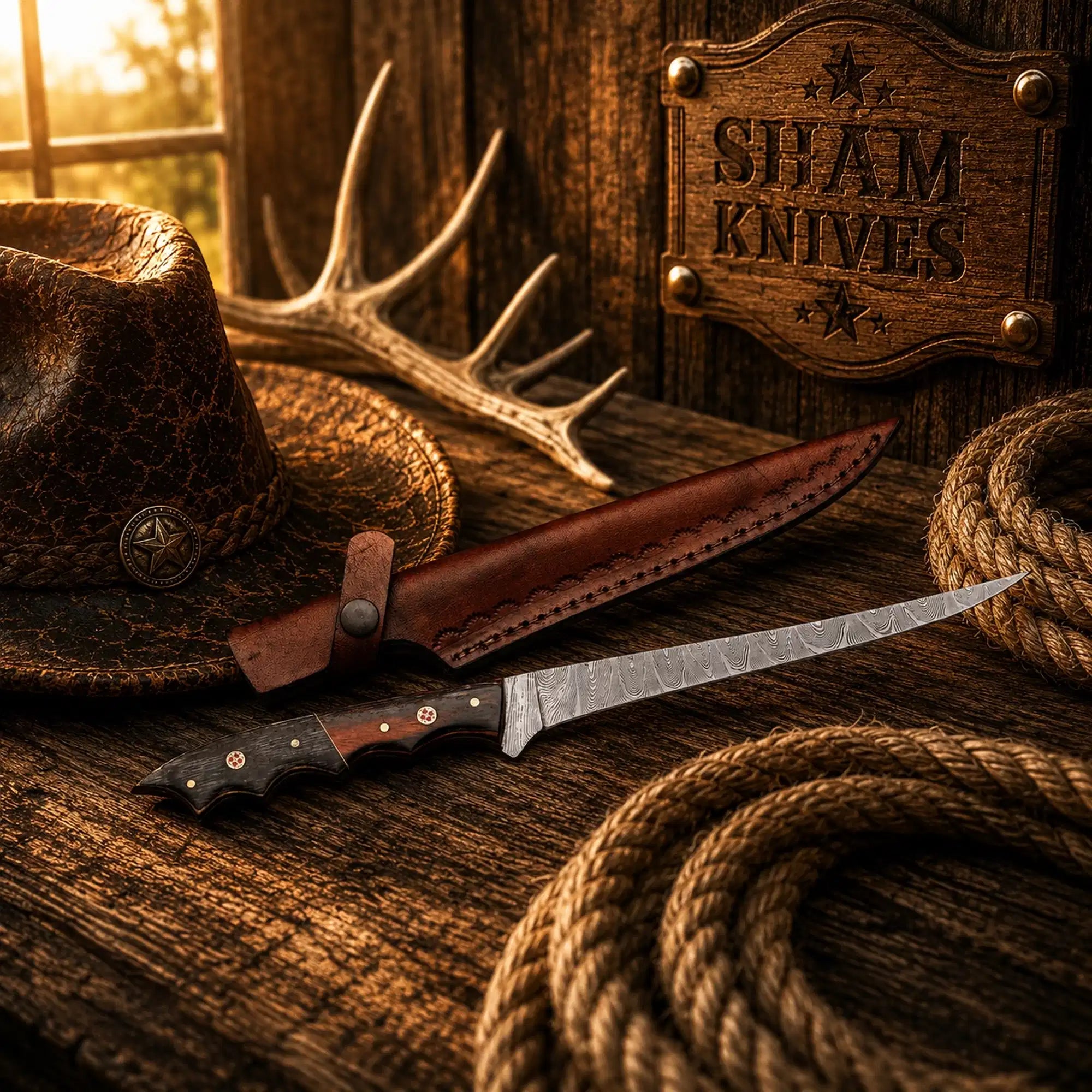 13 inch Damascus fishing knife with exotic wood handle