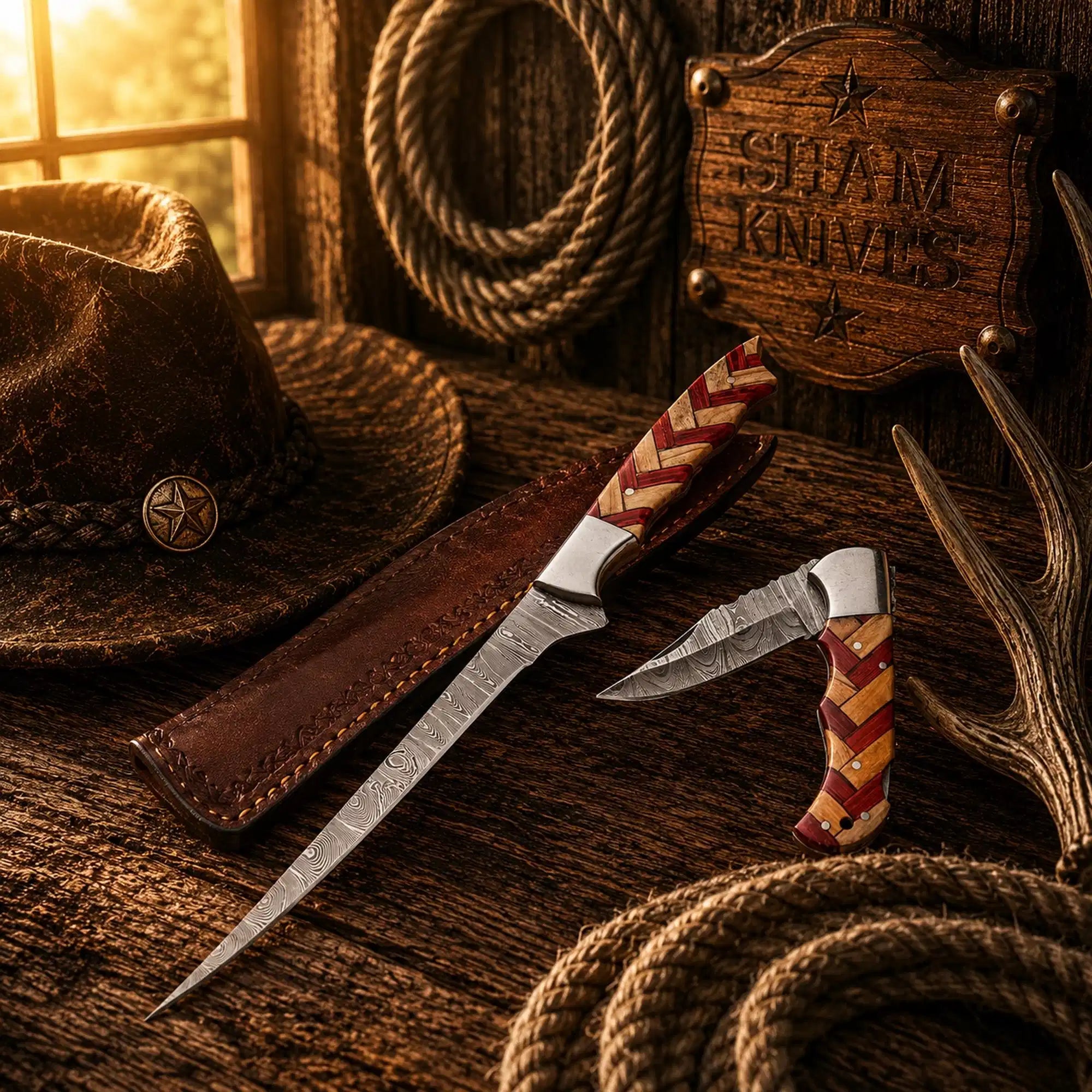 13 inch Damascus fillet knife and 7 inch folding knife pair