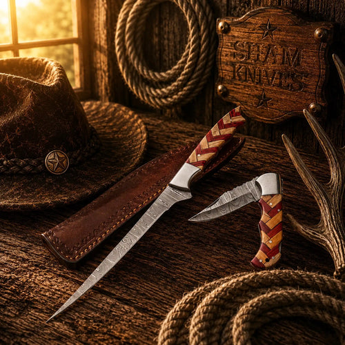 13 inch Damascus fillet knife and 7 inch folding knife pair