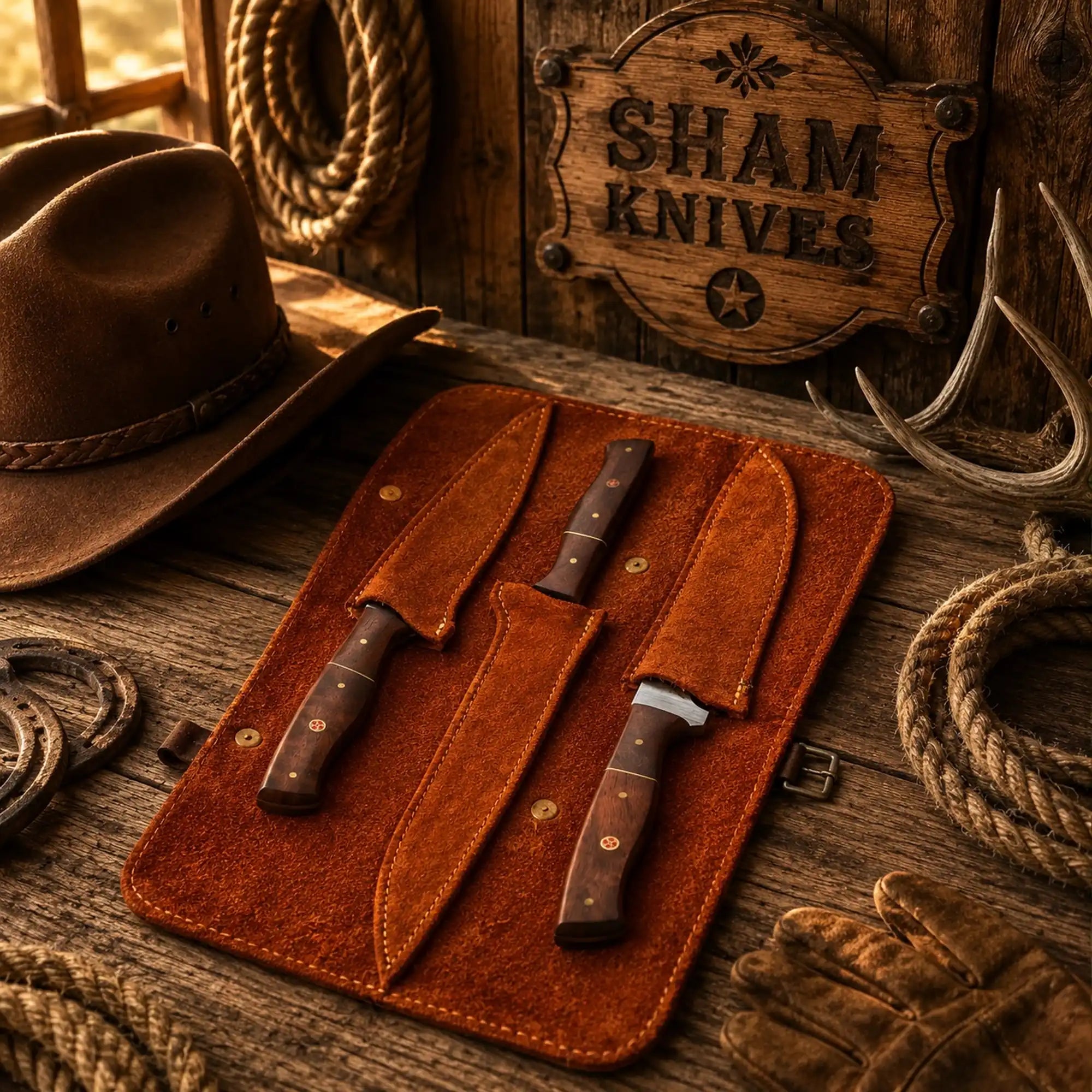 Three handmade fishing knives displayed in a leather storage roll