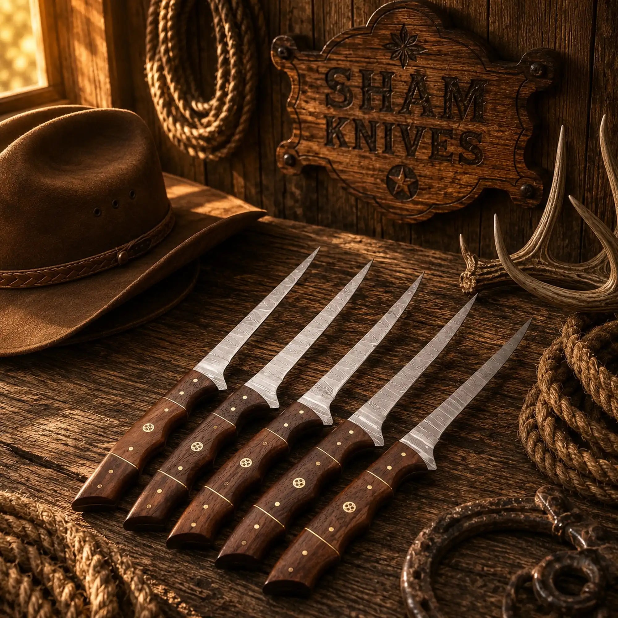 Five Damascus fishing knives with contoured rosewood handles