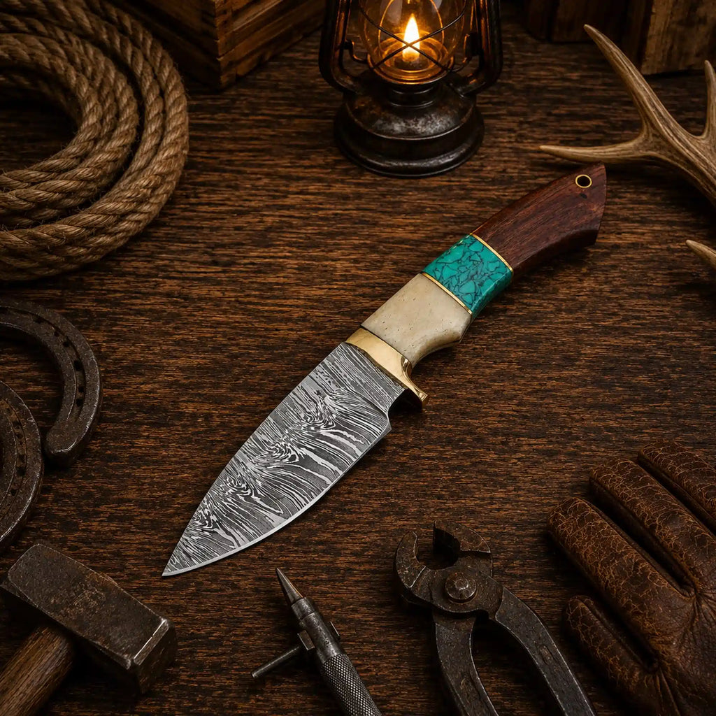 Handmade Damascus fixed blade hunting knife with leather sheath
