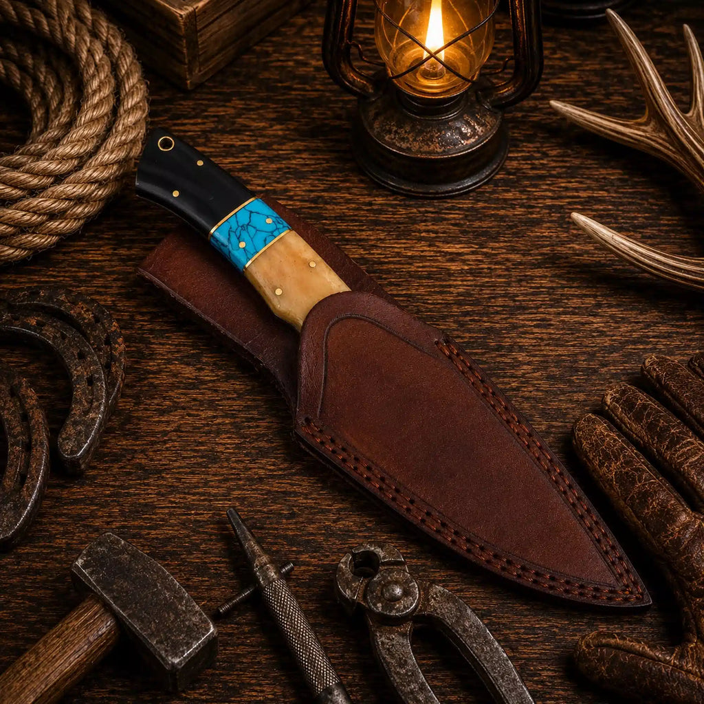 Damascus fixed blade outdoor knife with brown leather sheath