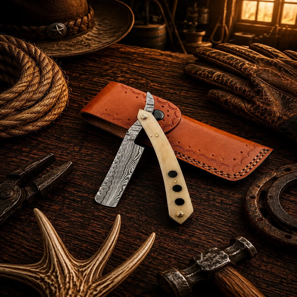Handmade Damascus folding barber razor with genuine bone handle