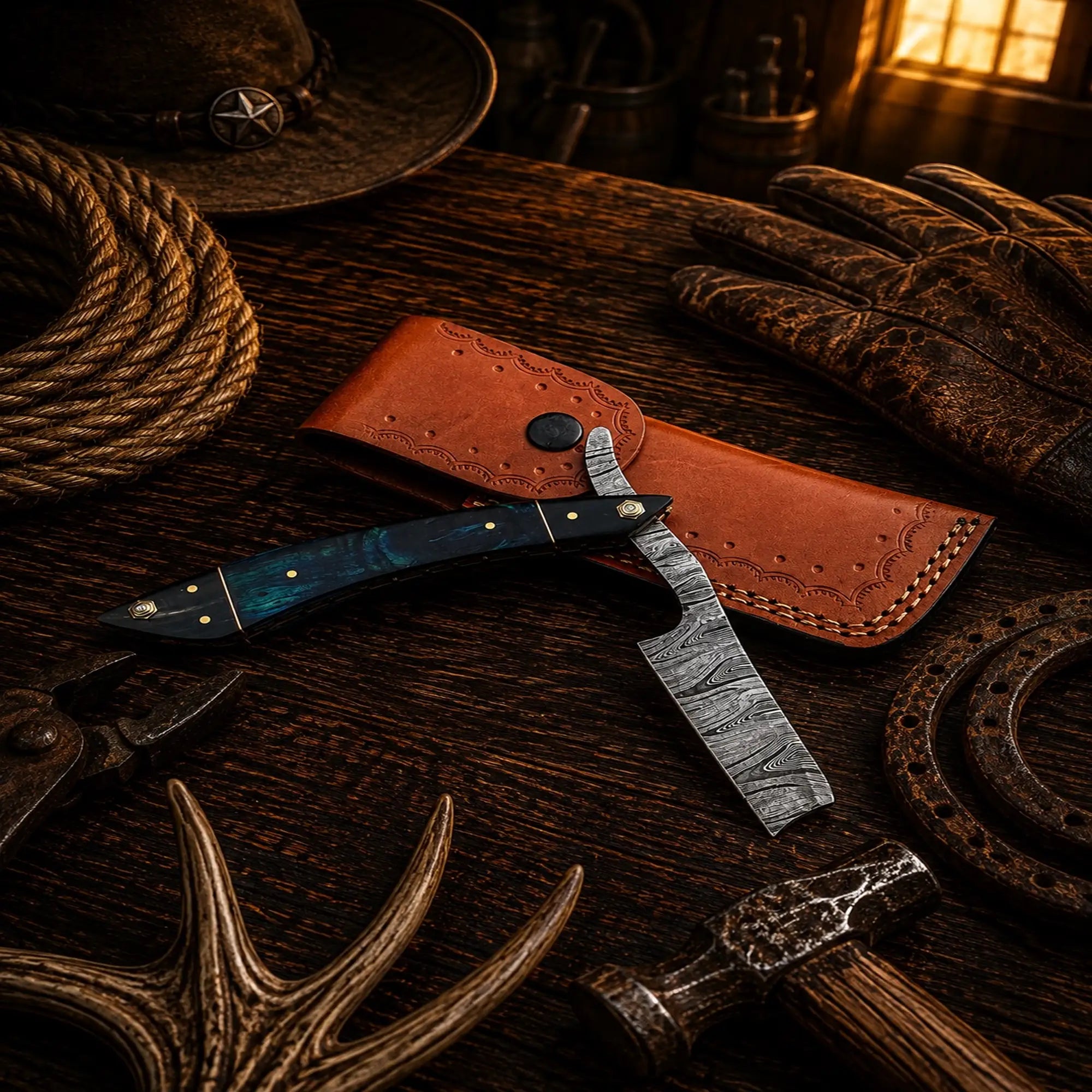 Premium Damascus barber straight razor with leather sheath