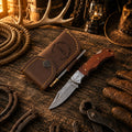 Damascus folding pocket knife with premium leather sheath