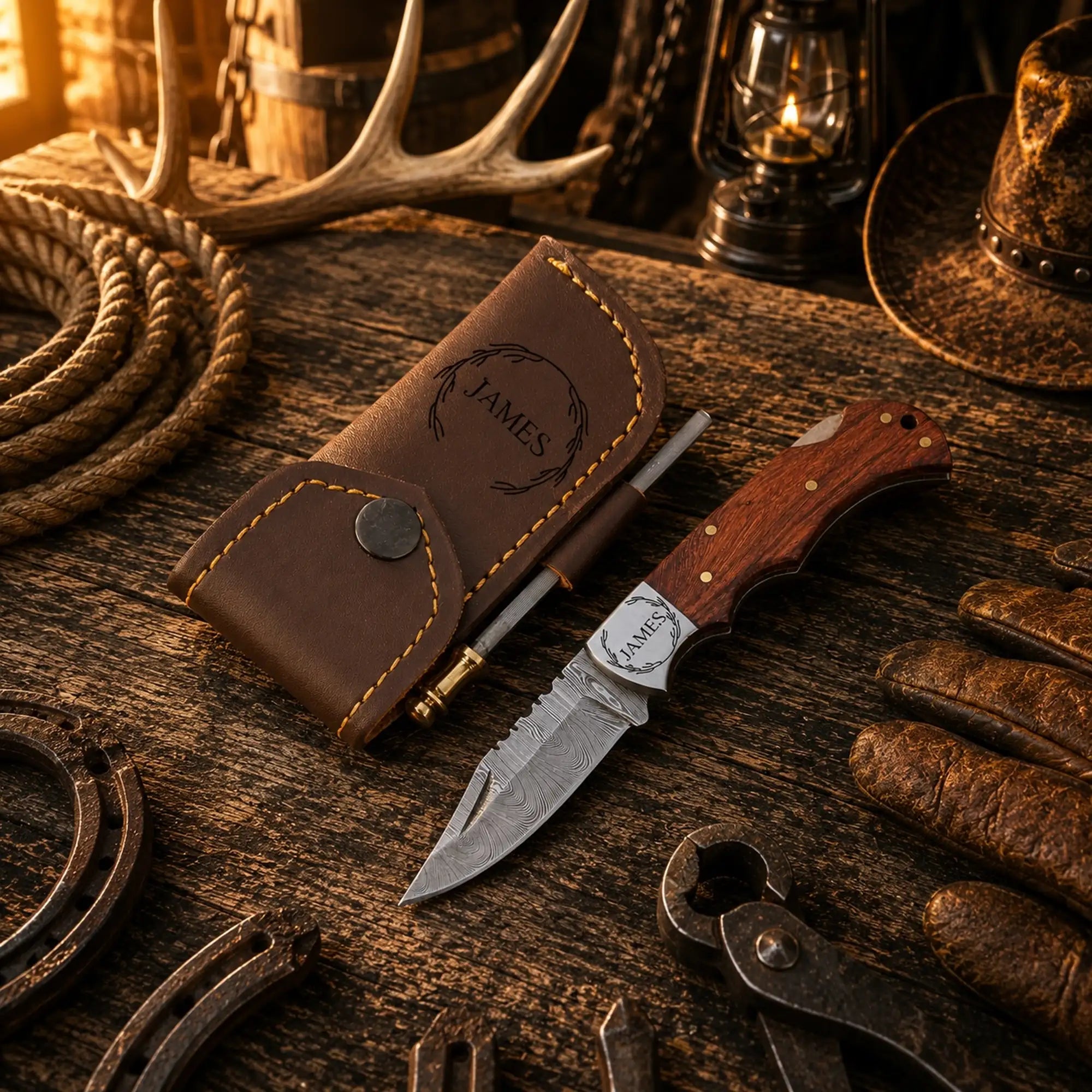 Damascus folding pocket knife with premium leather sheath