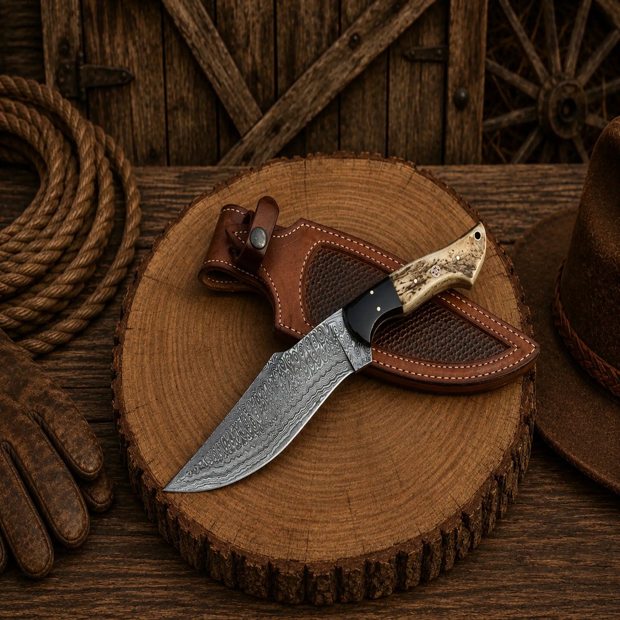 Premium Damascus steel hunting knife on rustic wooden display