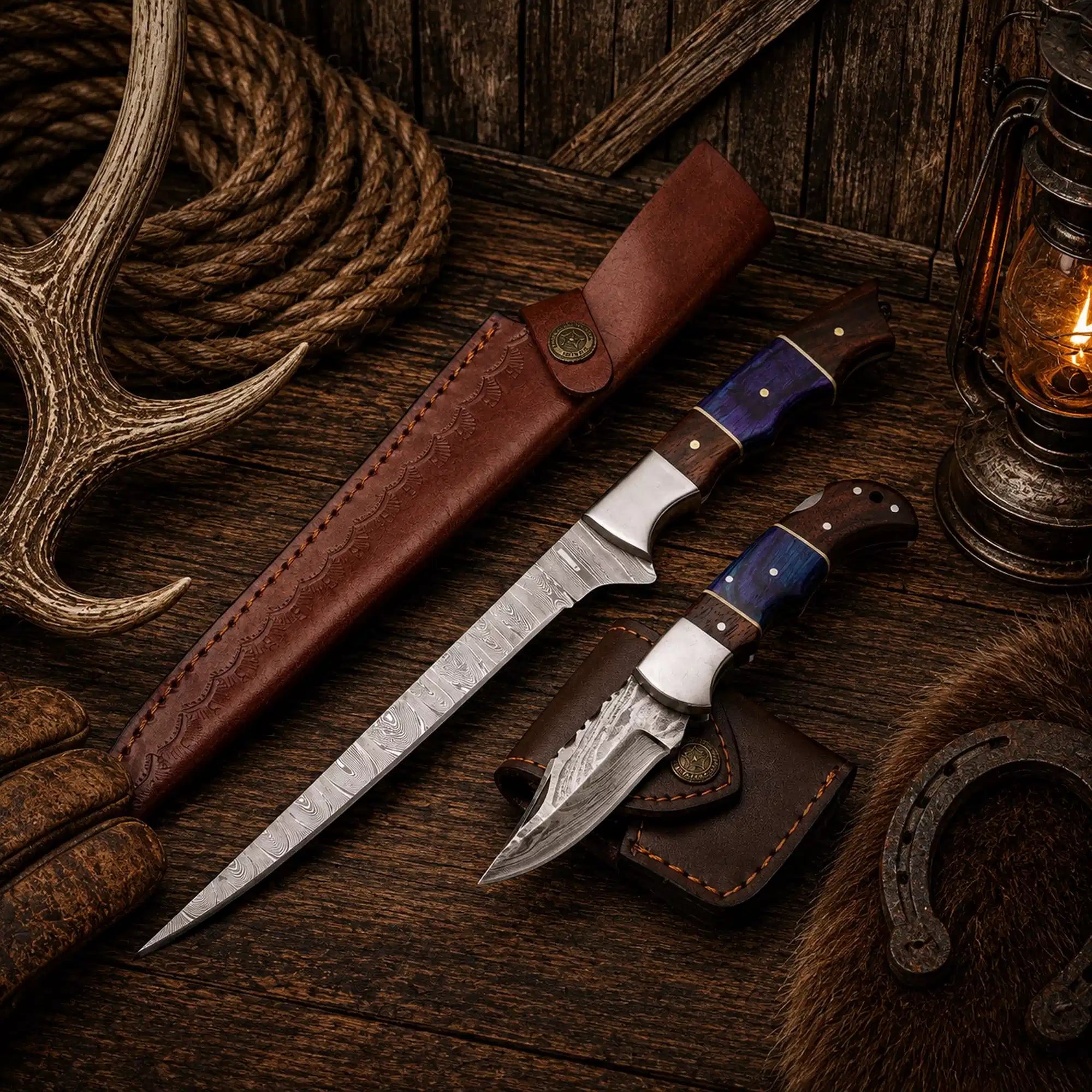 13 inch Damascus fillet knife and 7 inch folding knife matching set