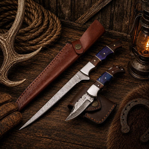 13 inch Damascus fillet knife and 7 inch folding knife matching set
