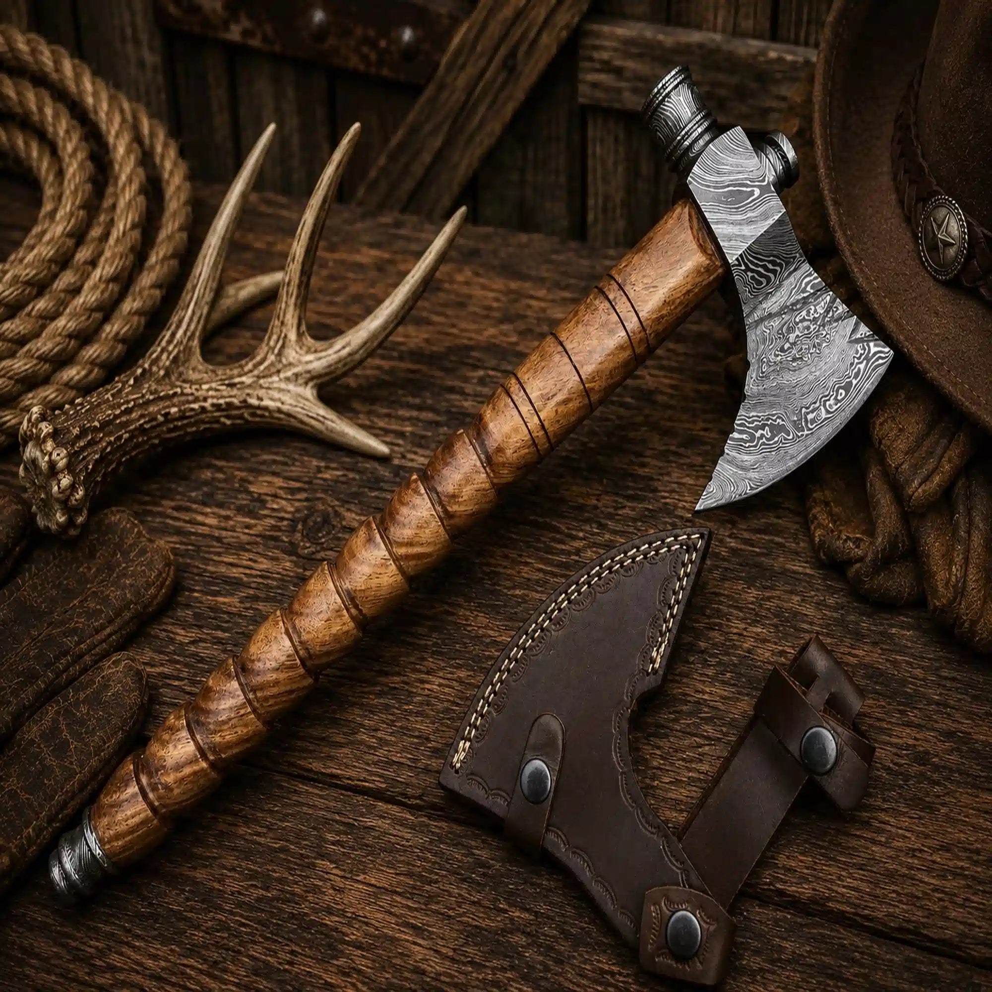 Premium handcrafted Damascus pipe axe with leather sheath