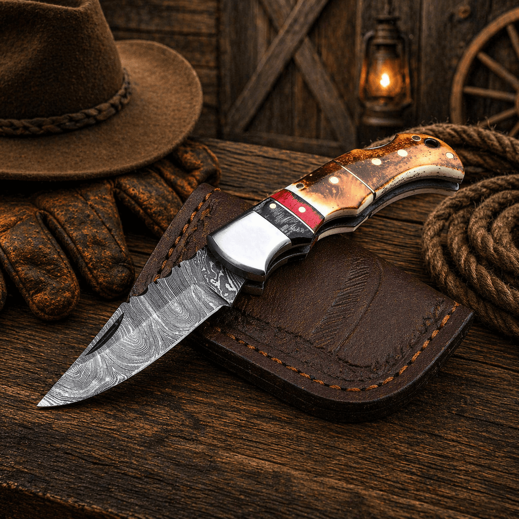 Handmade Damascus Pocket Knife – Burnt Camel Bone Handle Folding Knife with Leather Sheath | Custom EDC Hunting Knife Gift for Men - SHAM KNIVES Pocket KnifeSHAM KNIVESHandmade Damascus Pocket Knife – Burnt Camel Bone Handle Folding Knife with Leather Sheath | Custom EDC Hunting Knife Gift for Men