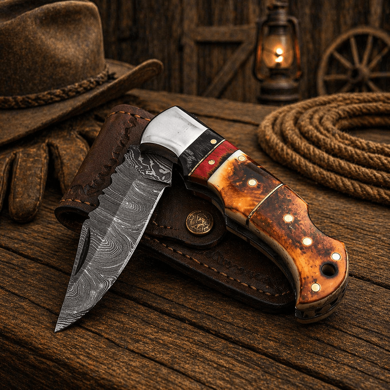 Handmade Damascus Pocket Knife – Burnt Camel Bone Handle Folding Knife with Leather Sheath | Custom EDC Hunting Knife Gift for Men - SHAM KNIVES Pocket KnifeSHAM KNIVESHandmade Damascus Pocket Knife – Burnt Camel Bone Handle Folding Knife with Leather Sheath | Custom EDC Hunting Knife Gift for Men