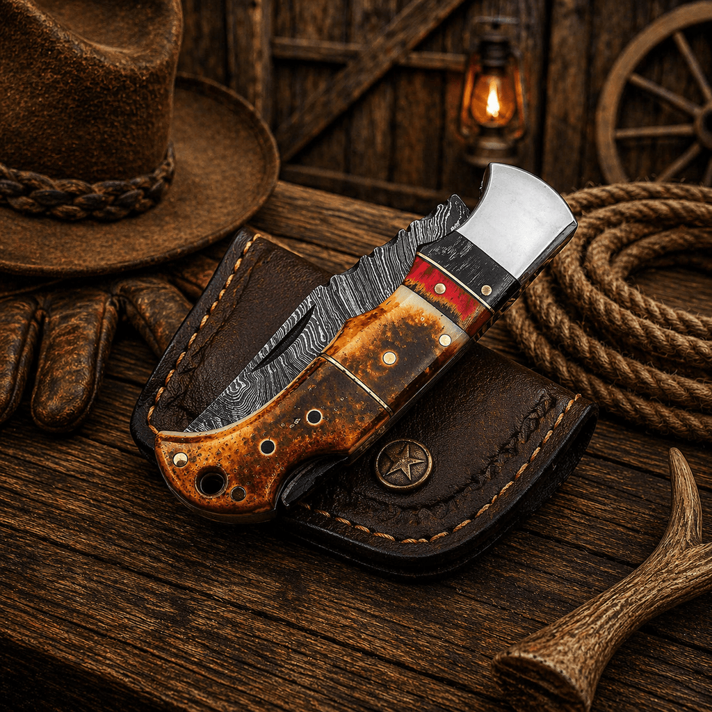 Handmade Damascus Pocket Knife – Burnt Camel Bone Handle Folding Knife with Leather Sheath | Custom EDC Hunting Knife Gift for Men - SHAM KNIVES Pocket KnifeSHAM KNIVESHandmade Damascus Pocket Knife – Burnt Camel Bone Handle Folding Knife with Leather Sheath | Custom EDC Hunting Knife Gift for Men