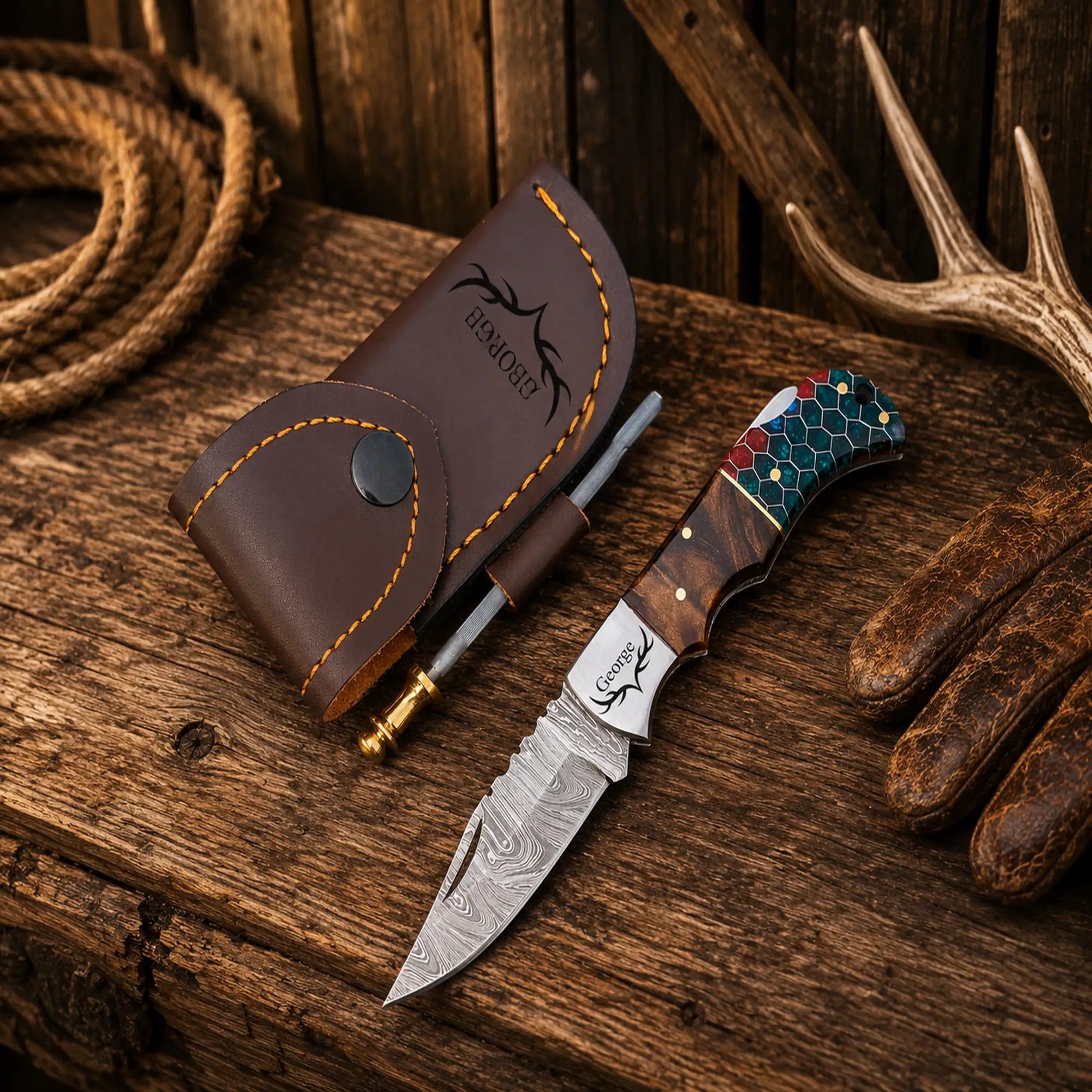 Handmade Damascus pocket knife with honeycomb resin handle with leather sheath.